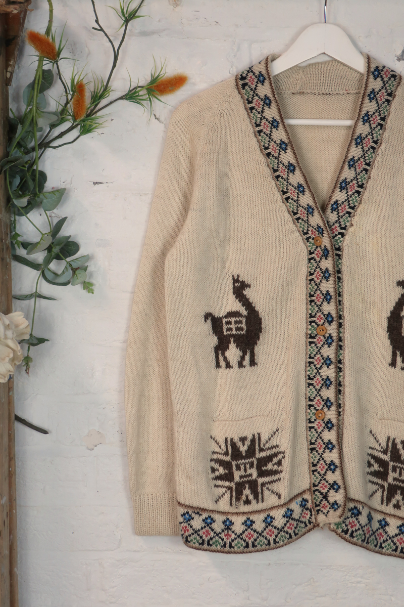 Vintage Knit Cardigan - Floral Alpaca Tapestry - Size M