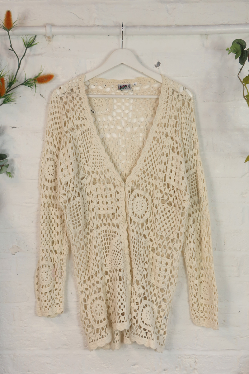 Vintage Knit Cardigan - Crochet Cream Doily - Size XL