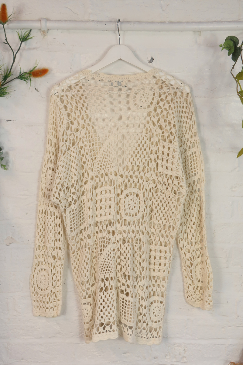Vintage Knit Cardigan - Crochet Cream Doily - Size XL