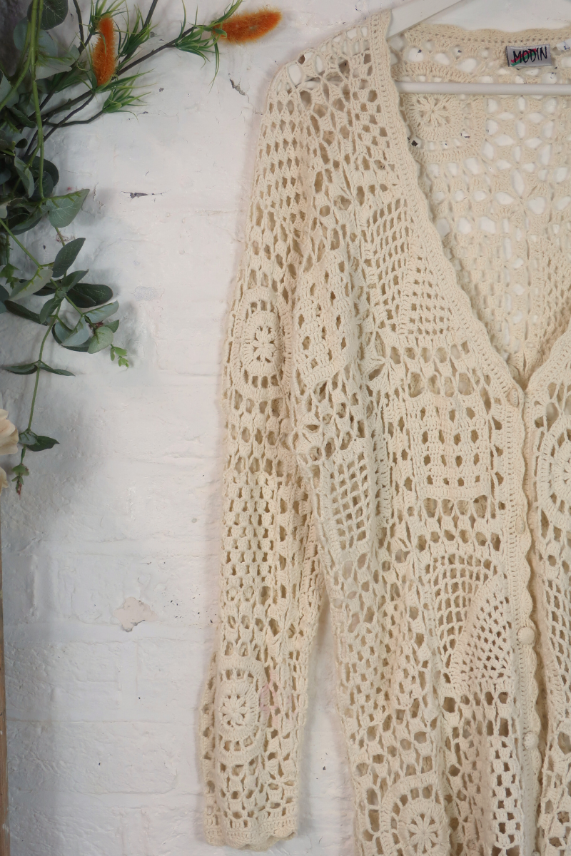 Vintage Knit Cardigan - Crochet Cream Doily - Size XL