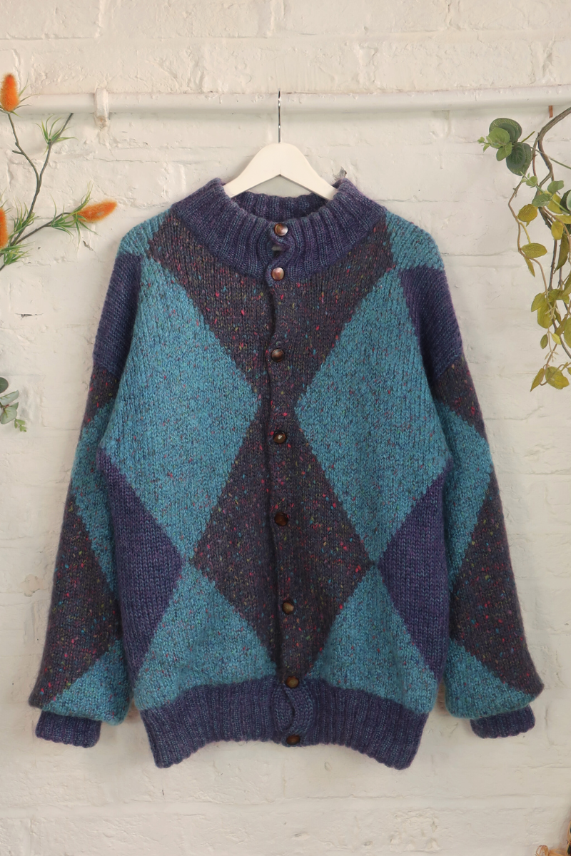 Vintage Knit Cardigan - Deep Sea Argyle - Size XXL