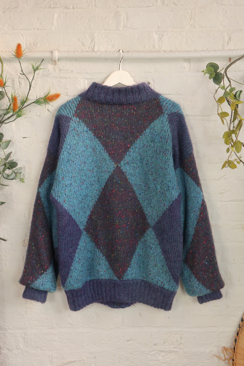 Vintage Knit Cardigan - Deep Sea Argyle - Size XXL