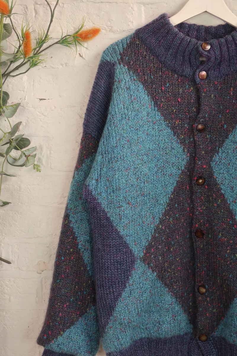 Vintage Knit Cardigan - Deep Sea Argyle - Size XXL