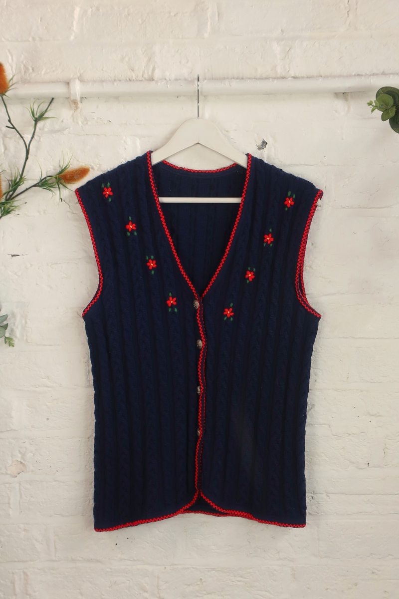 Vintage Knit Waistcoat - Navy Poppy Cableknit - Size M