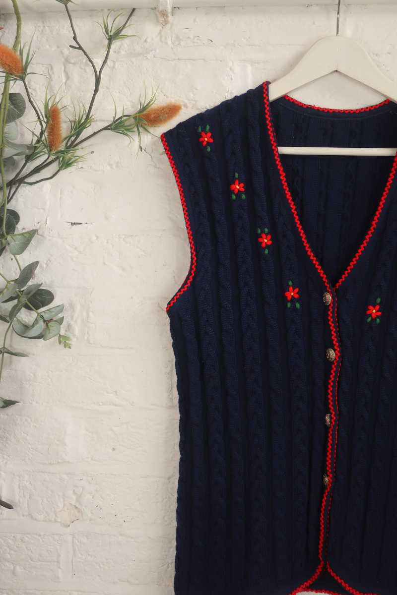 Vintage Knit Waistcoat - Navy Poppy Cableknit - Size M
