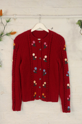 Vintage Knit Cardigan - Strawberry Red Wildflowers - Size S/M