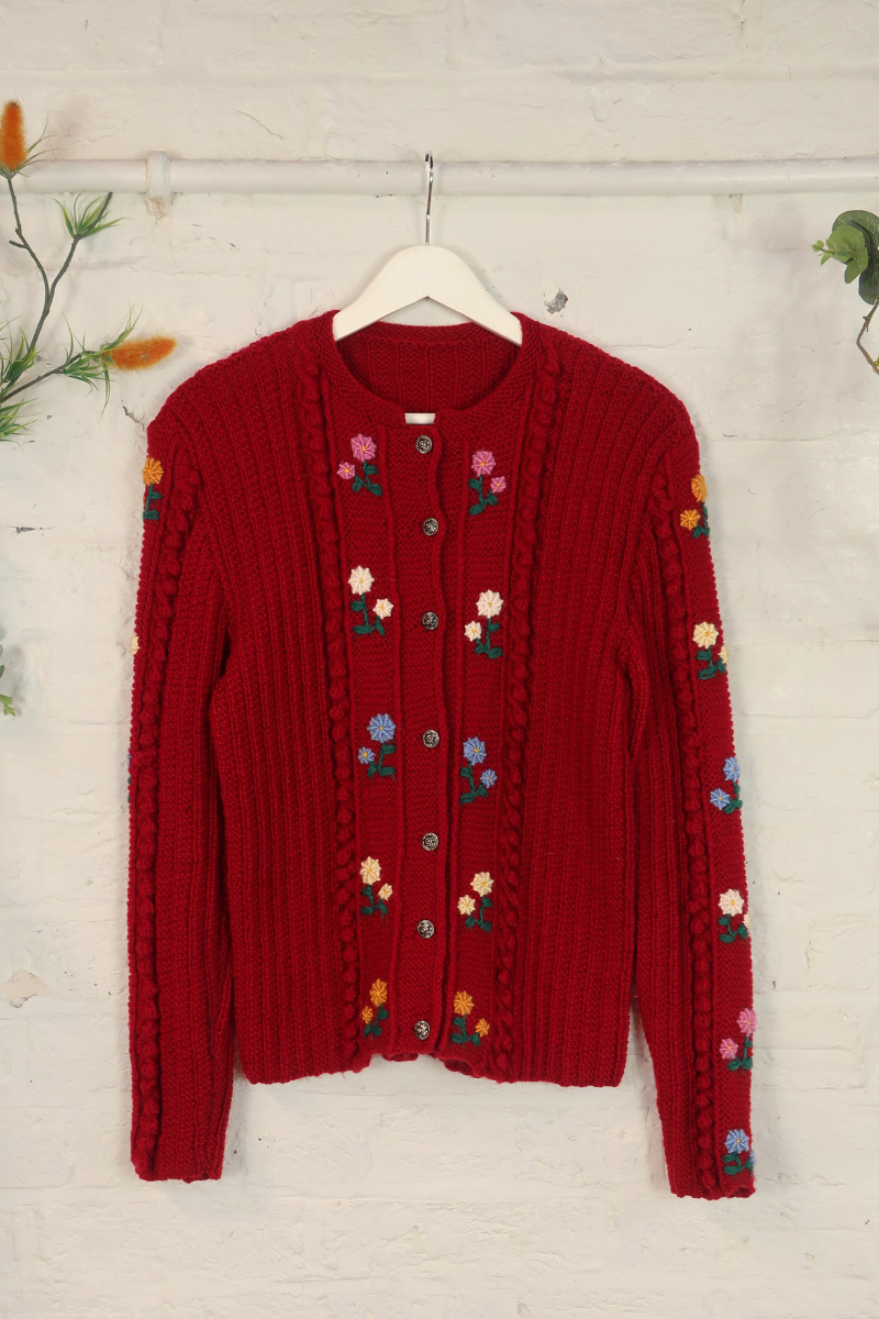Vintage Knit Cardigan - Strawberry Red Wildflowers - Size S/M