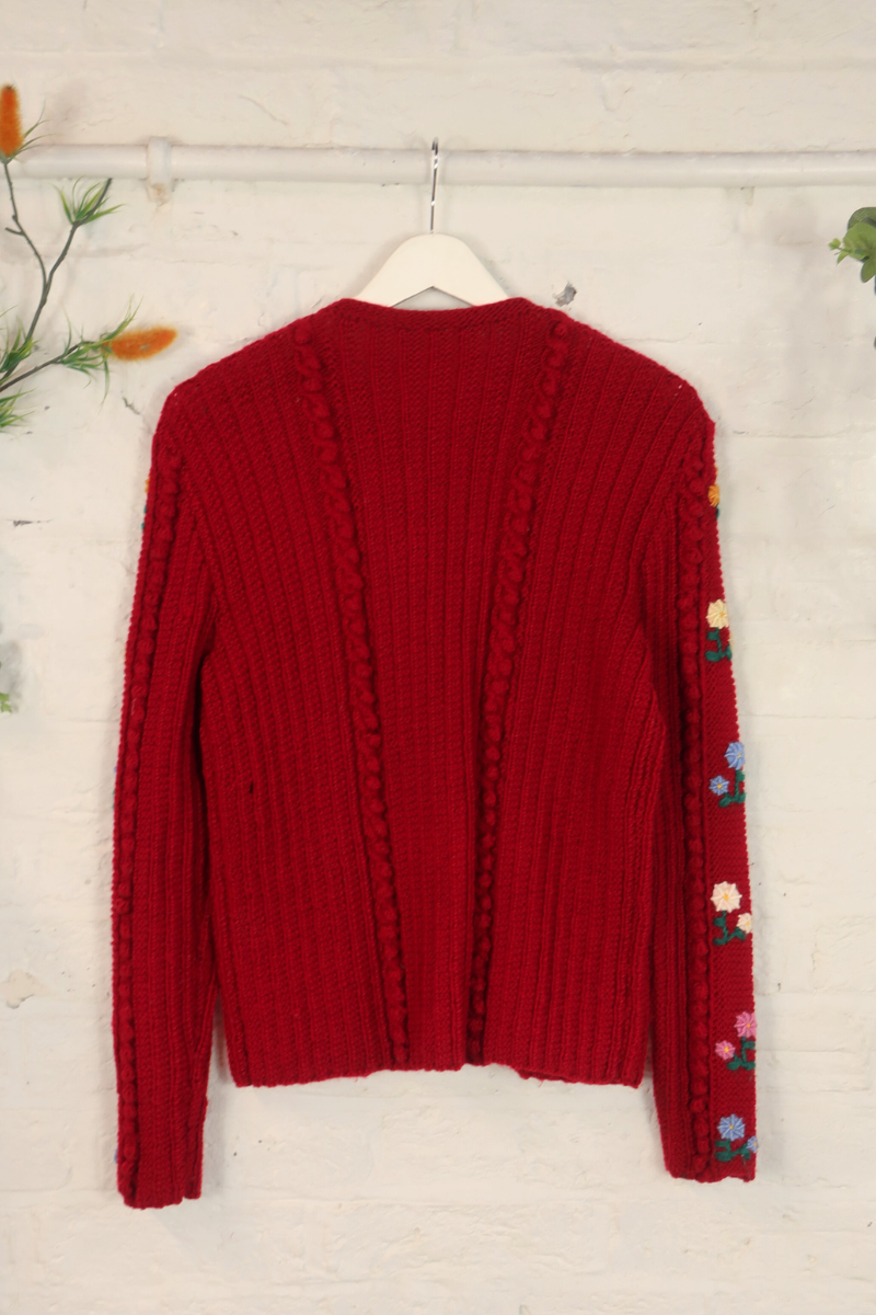 Vintage Knit Cardigan - Strawberry Red Wildflowers - Size S/M