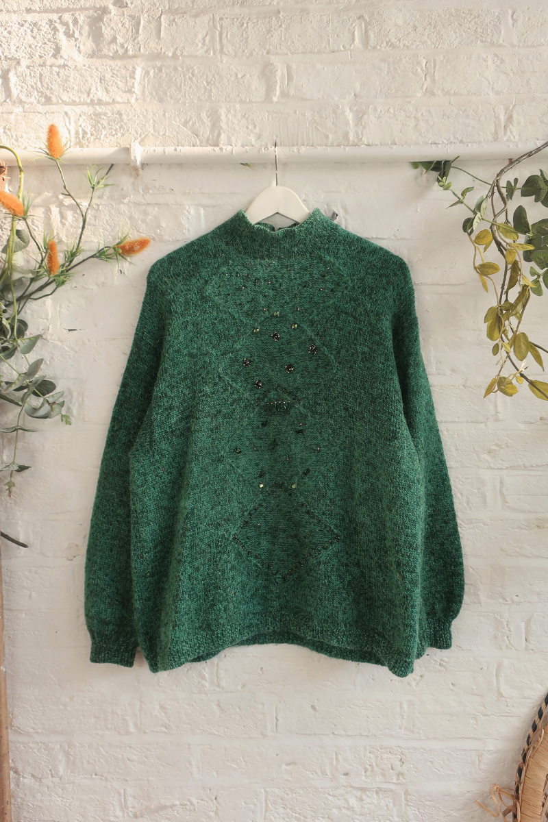 Vintage Knit Jumper - Emerald Quarterzip - Size XXL