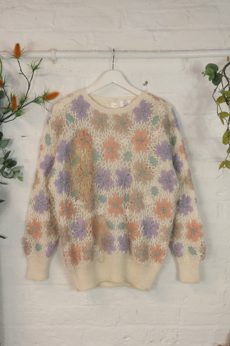 Vintage Knit Jumper - Watercolour Crochet Flowers - Size XL