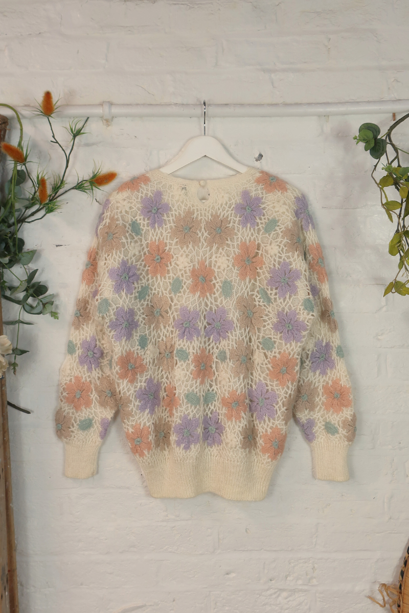 Vintage Knit Jumper - Watercolour Crochet Flowers - Size XL
