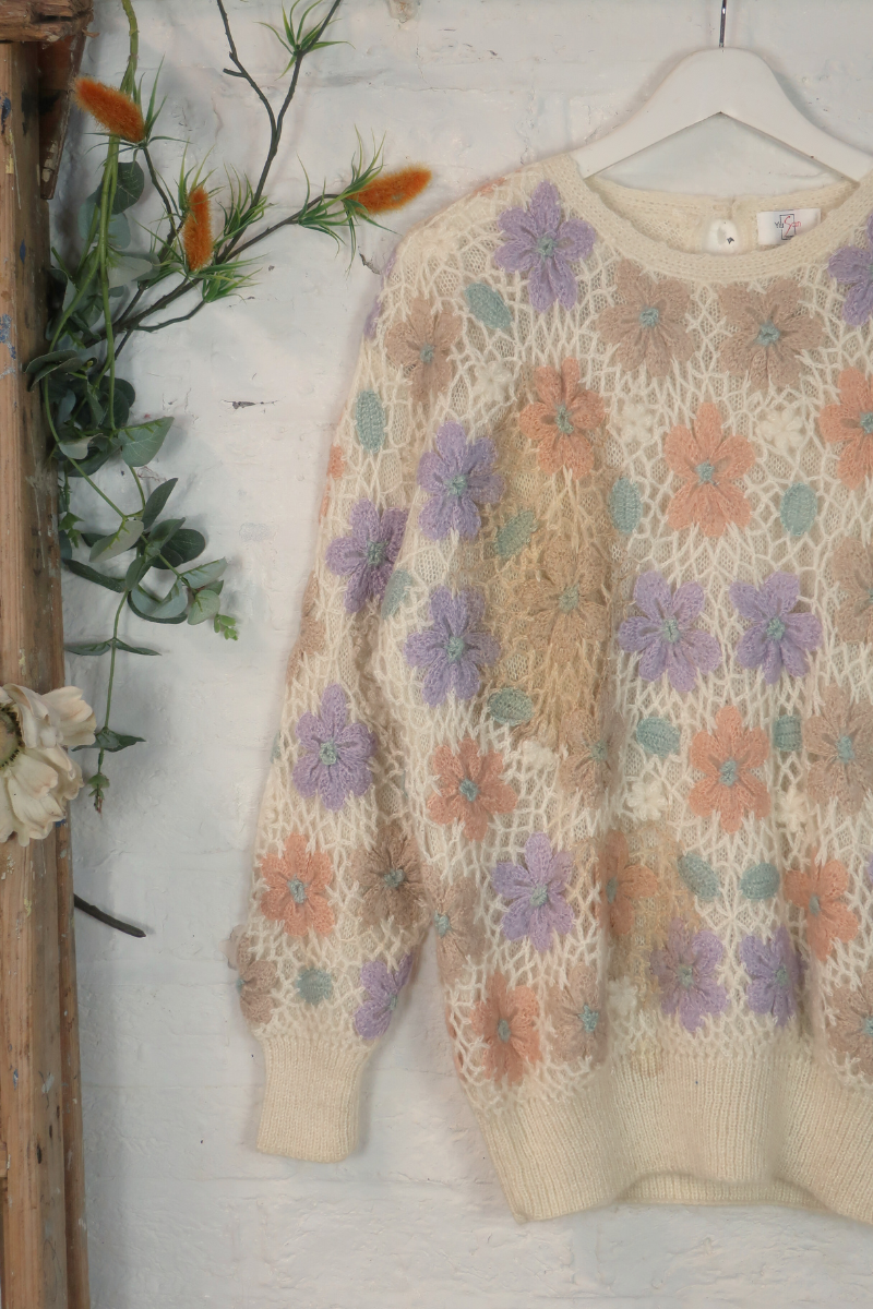 Vintage Knit Jumper - Watercolour Crochet Flowers - Size XL