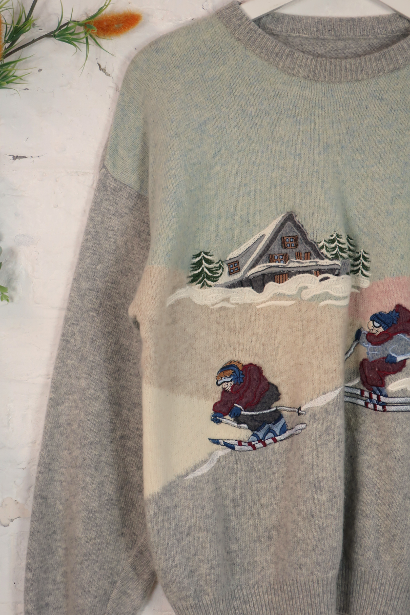 Vintage Knit Jumper - Ski Cartoon - Size L