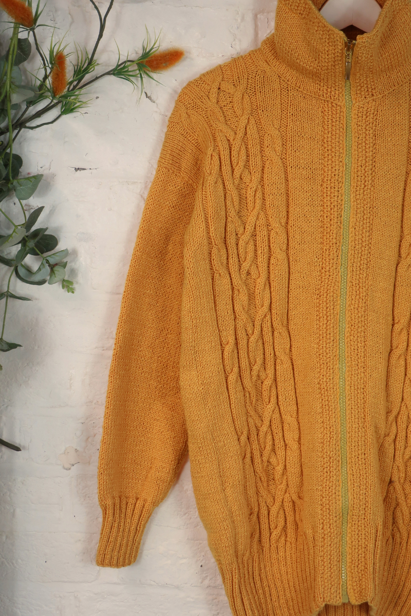 Vintage Knit Cardigan - Mustard Cableknit - Size L/XL