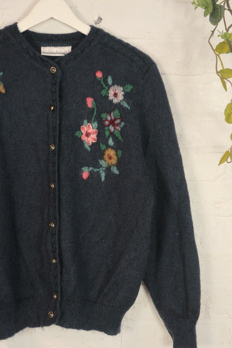 Vintage Knit Cardigan - Flower Pressings - Size L