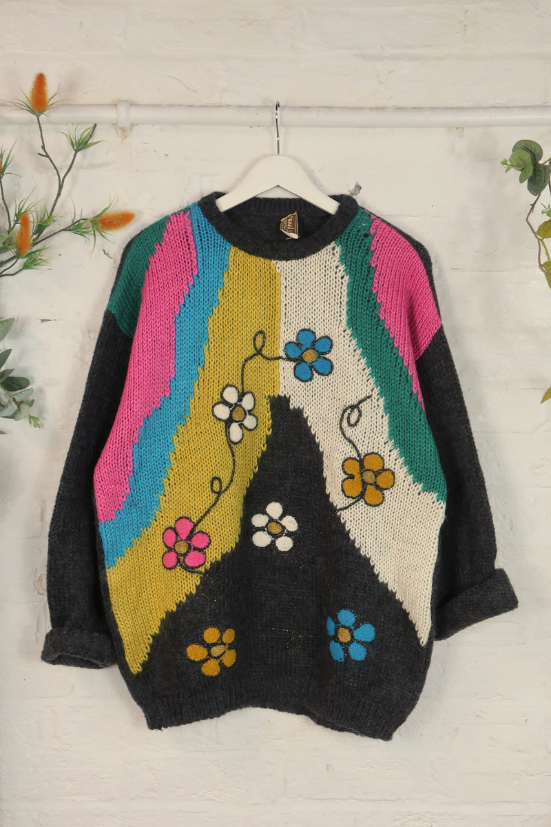 Vintage Knit Jumper - 80s Vivid Cosmos - Size L