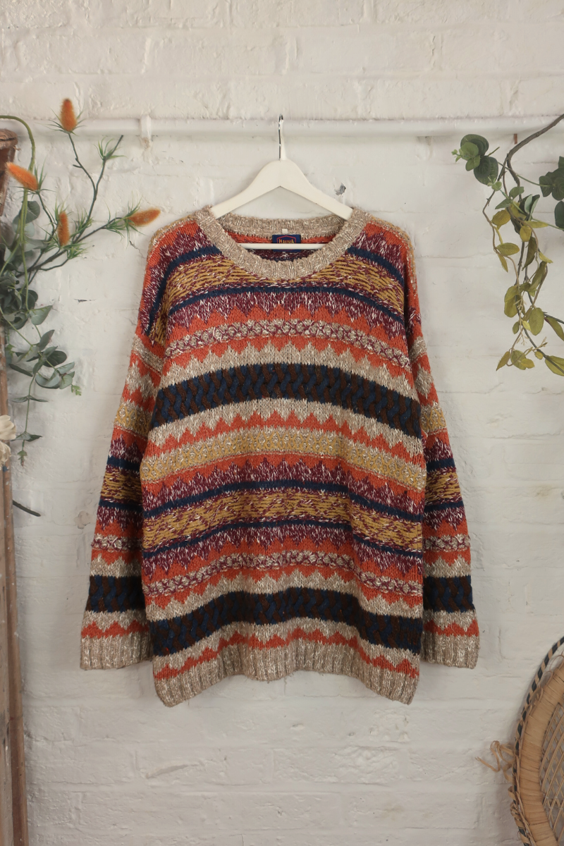 Vintage Knit Jumper - Stitched Shades Of Sunset - Size XXL