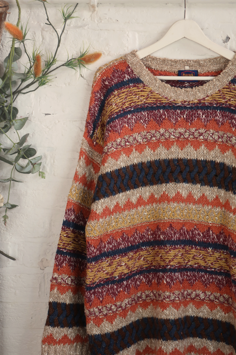 Vintage Knit Jumper - Stitched Shades Of Sunset - Size XXL