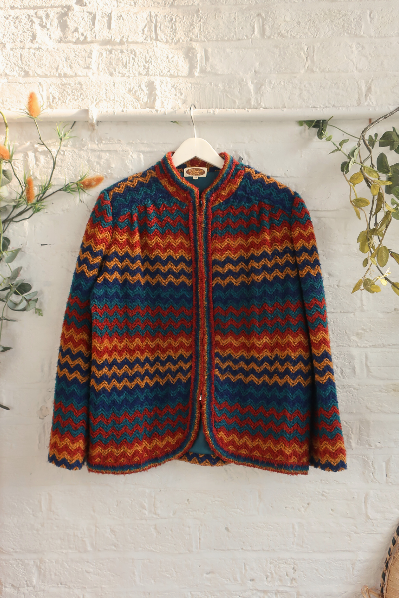 Vintage Knit Jacket - 80s Earthy Zigzag - Size XL