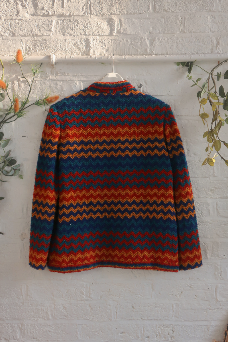 Vintage Knit Jacket - 80s Earthy Zigzag - Size XL