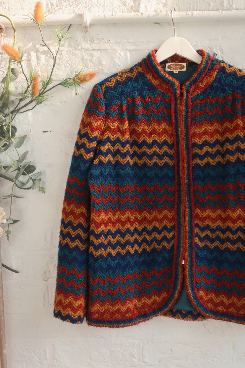 Vintage Knit Jacket - 80s Earthy Zigzag - Size XL