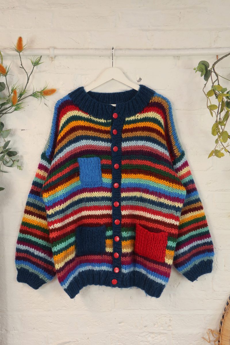 Vintage Knit Cardigan - Balamory Rainbow Stripe - Size XXL