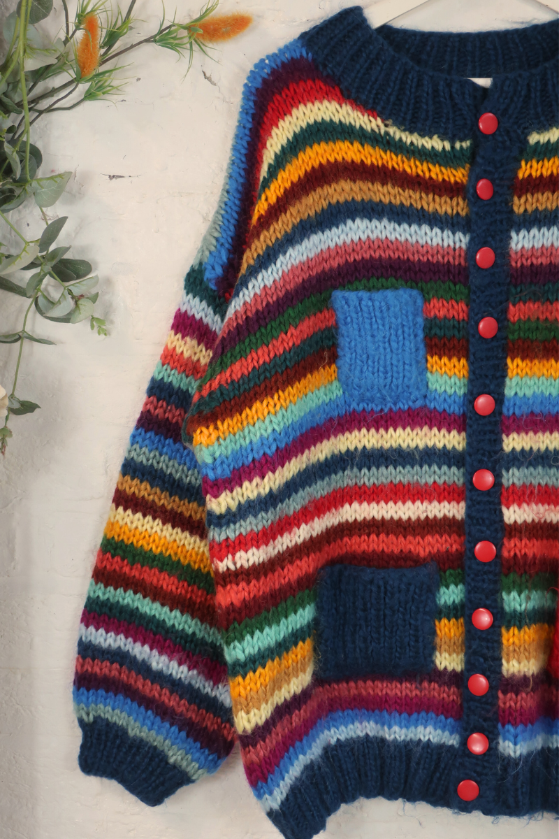 Vintage Knit Cardigan - Balamory Rainbow Stripe - Size XXL