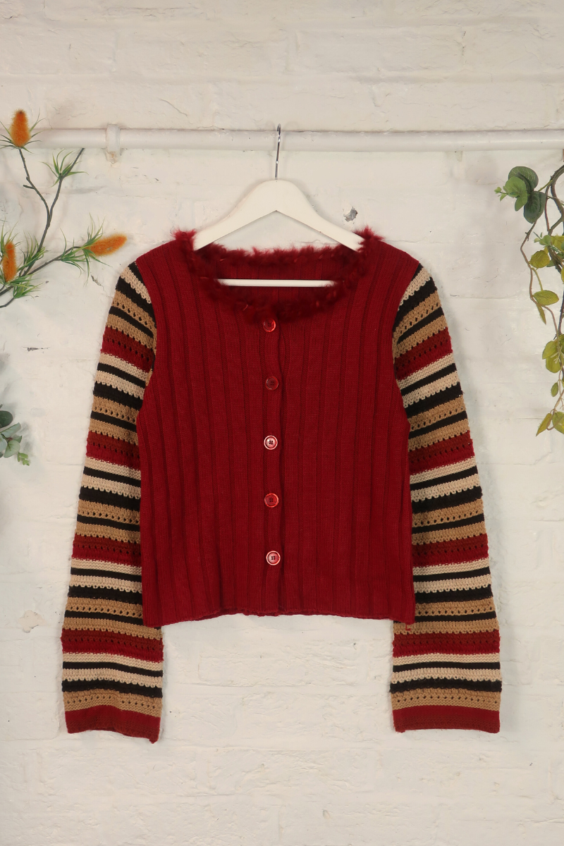 Vintage Knit Cardigan - 90s Ruby Stripe - Size M