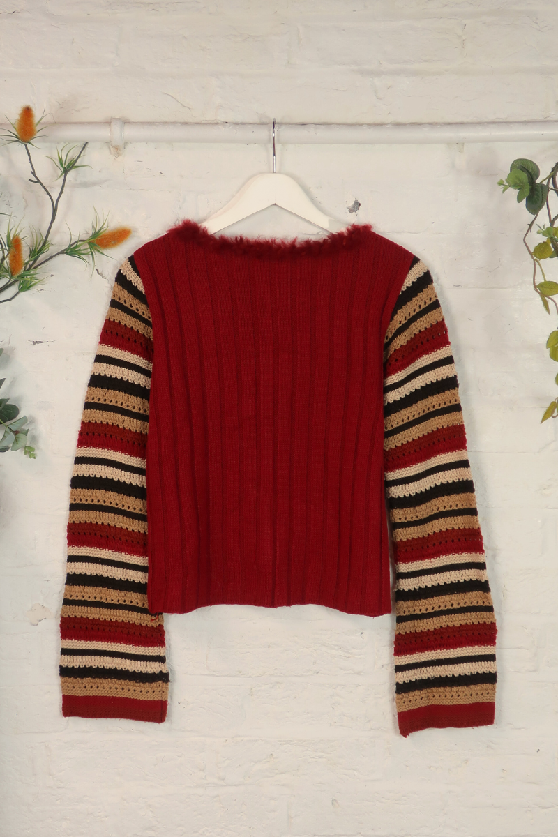 Vintage Knit Cardigan - 90s Ruby Stripe - Size M