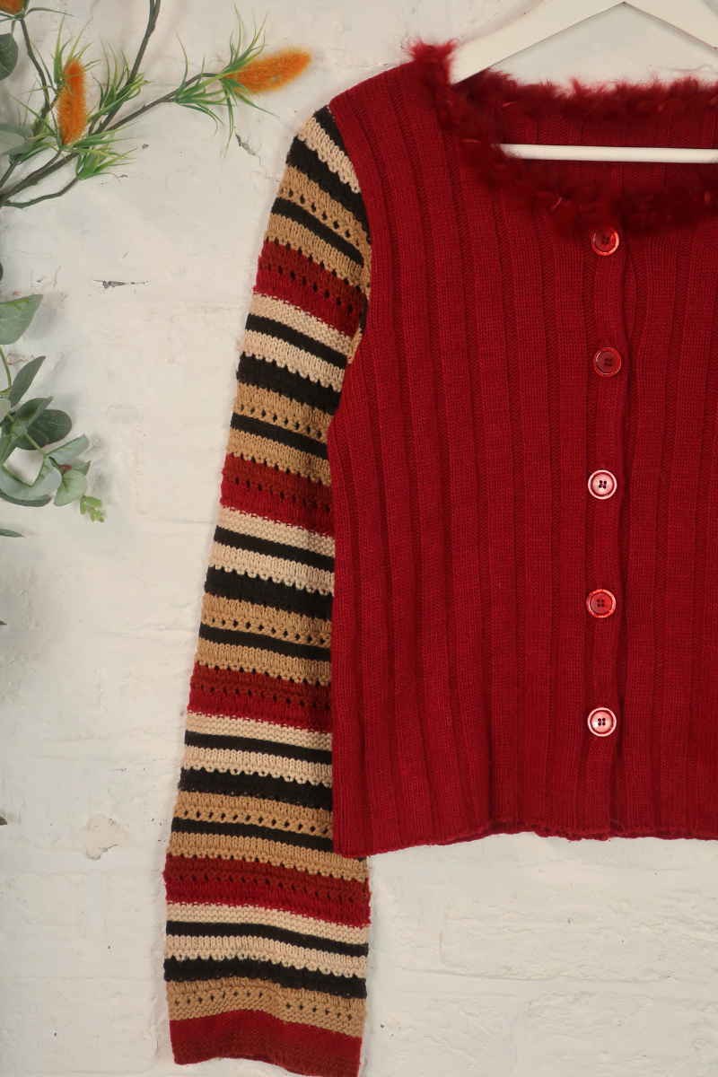 Vintage Knit Cardigan - 90s Ruby Stripe - Size M