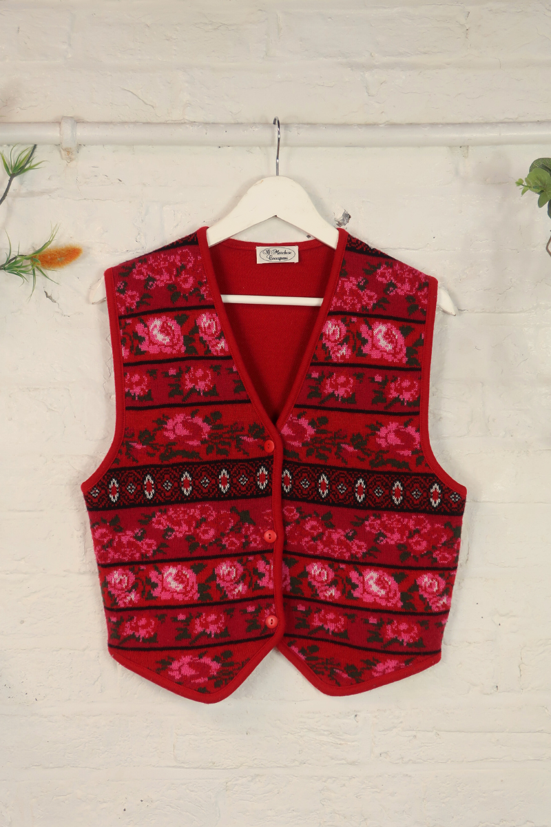 Vintage Knit Waistcoat - Scarlet Rose - Size M/L