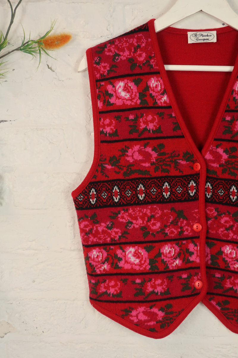 Vintage Knit Waistcoat - Scarlet Rose - Size M/L