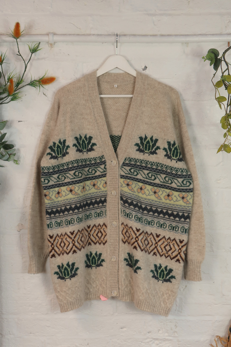 Vintage Knit Cardigan - Lotus Fair Isle - Size L