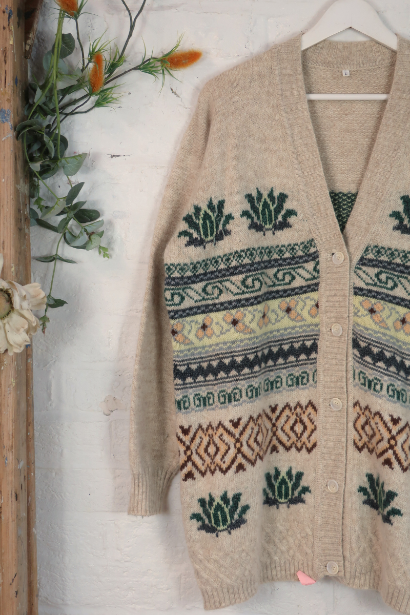 Vintage Knit Cardigan - Lotus Fair Isle - Size L
