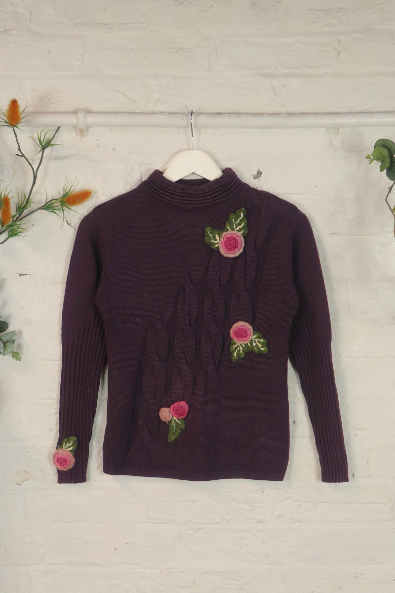 Vintage Knit Jumper - Plum Roses - Size S