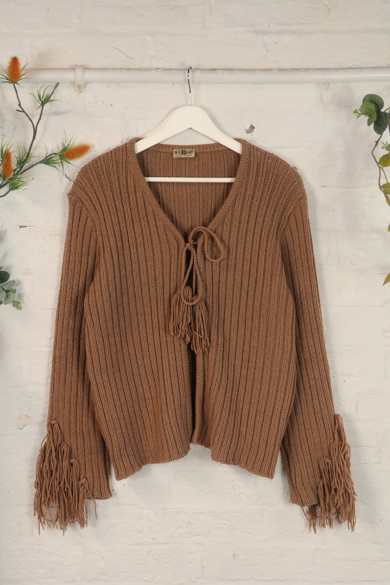 Vintage Knit Cardigan - Saddle Brown Tassels - Size L