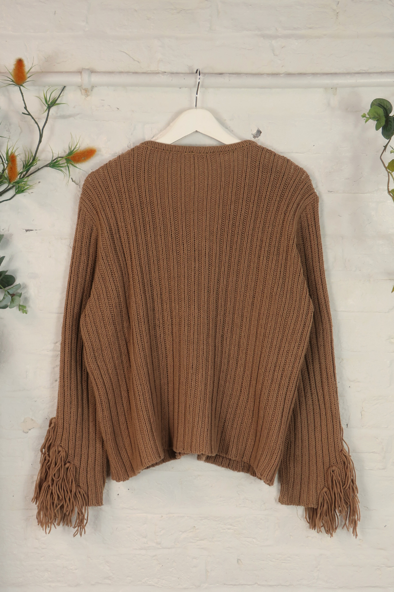 Vintage Knit Cardigan - Saddle Brown Tassels - Size L
