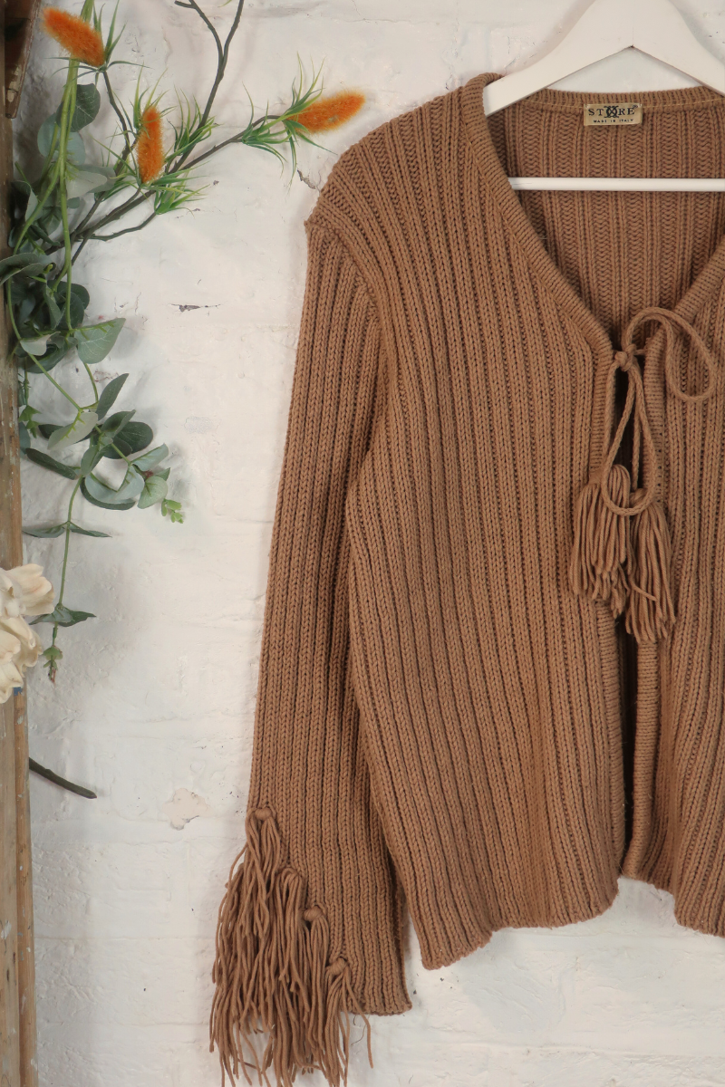 Vintage Knit Cardigan - Saddle Brown Tassels - Size L