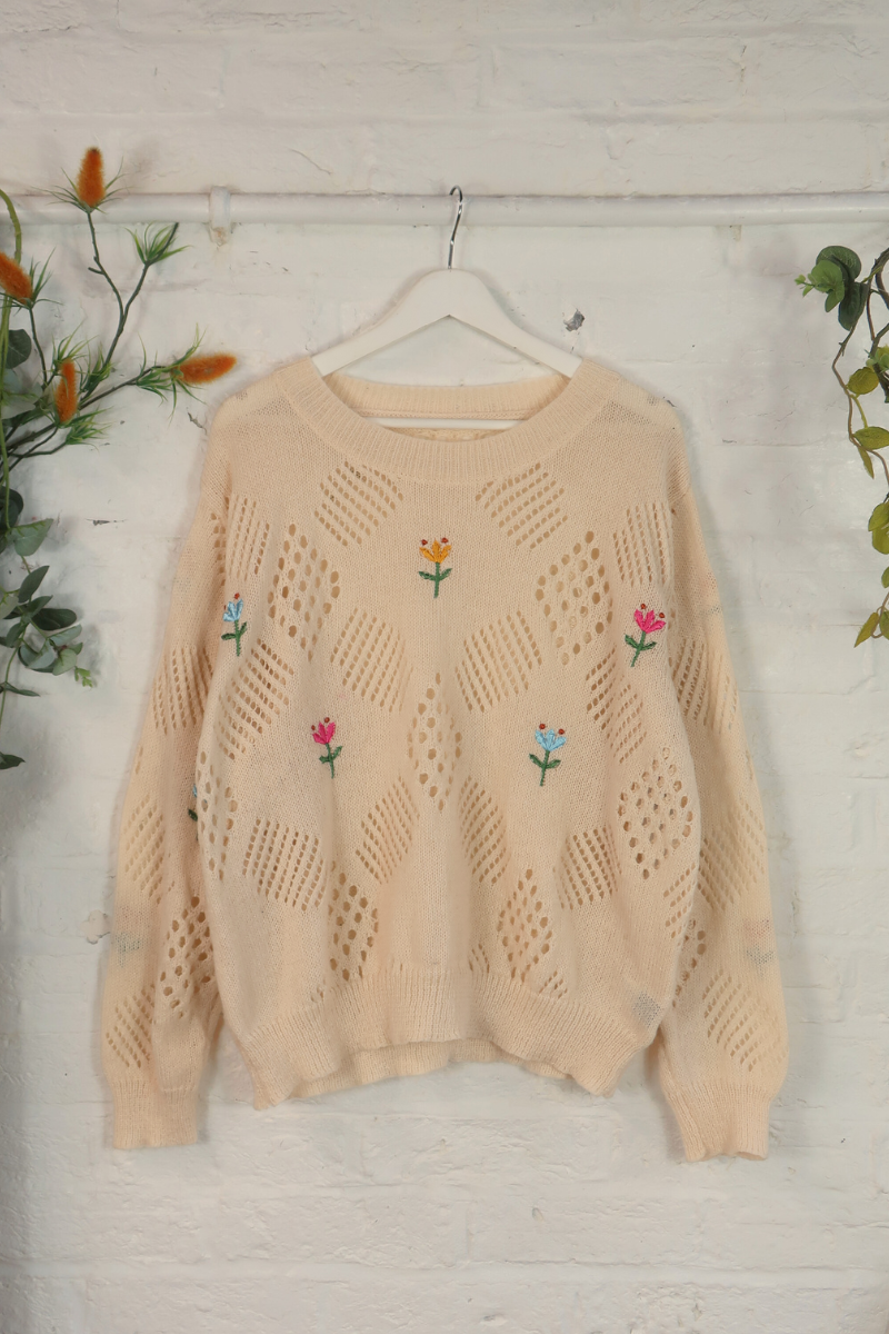 Vintage Knit Jumper - Crochet Tulips - Size XXL
