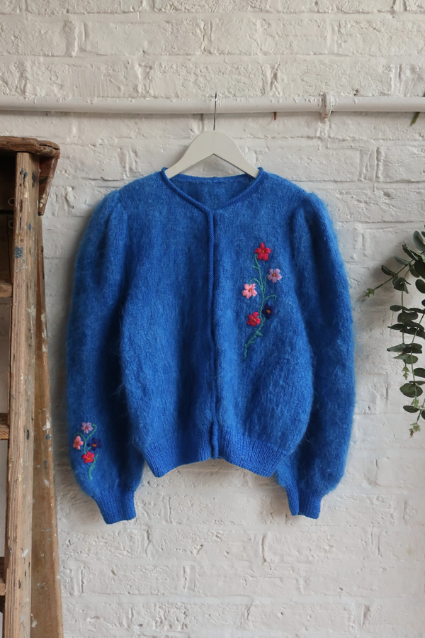 Vintage Knit Cardigan - Blue Posies - Size L