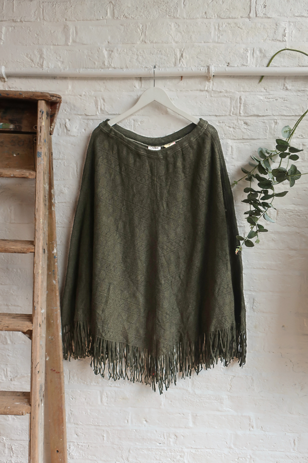 Vintage Knit Poncho - Deep Olive - Free Size
