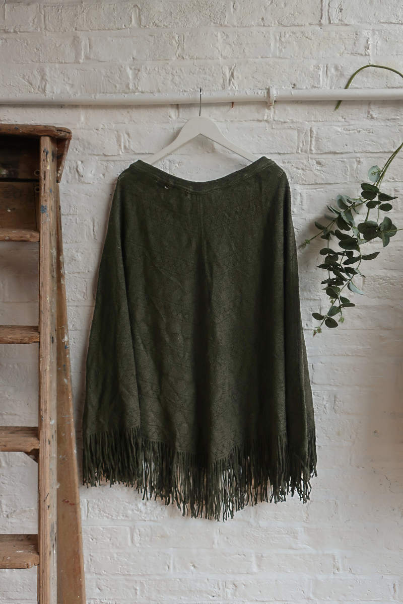 Vintage Knit Poncho - Deep Olive - Free Size
