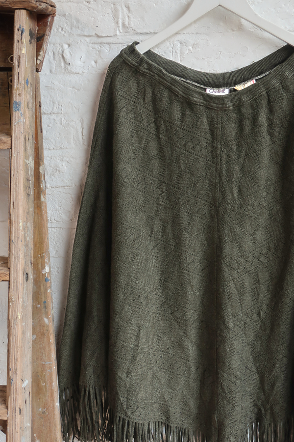 Vintage Knit Poncho - Deep Olive - Free Size