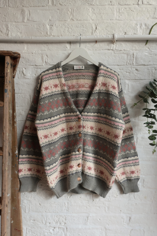 Vintage Knit Cardigan - Sage & Blush Stripe - Size L