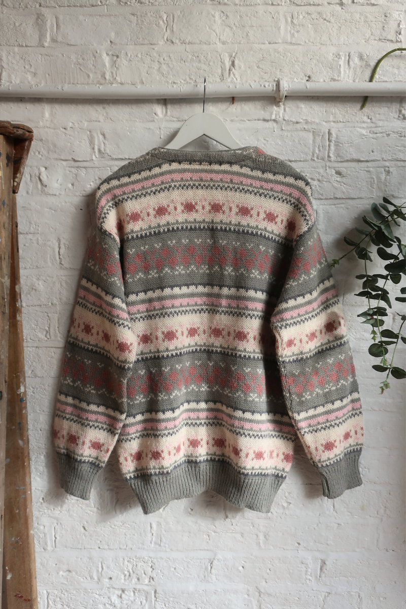 Vintage Knit Cardigan - Sage & Blush Stripe - Size L