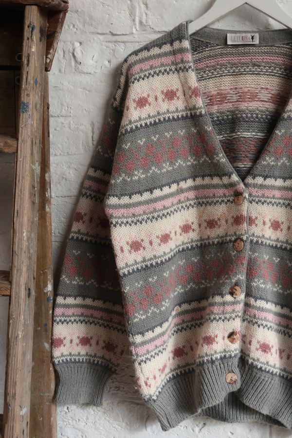 Vintage Knit Cardigan - Sage & Blush Stripe - Size L
