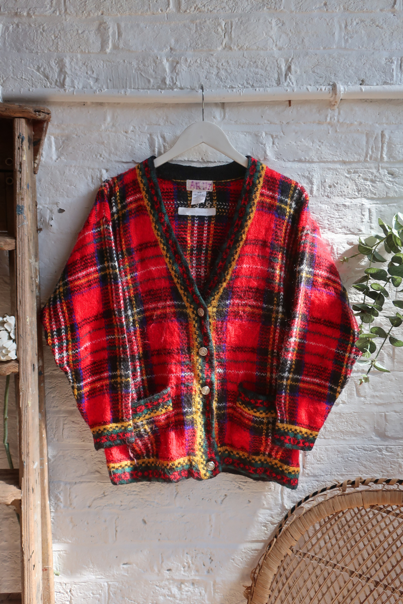 Vintage Knit Cardigan - Vibrant Tartan - Size M/L