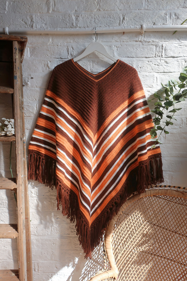 Vintage Knit Poncho - Warm Brown - Free Size