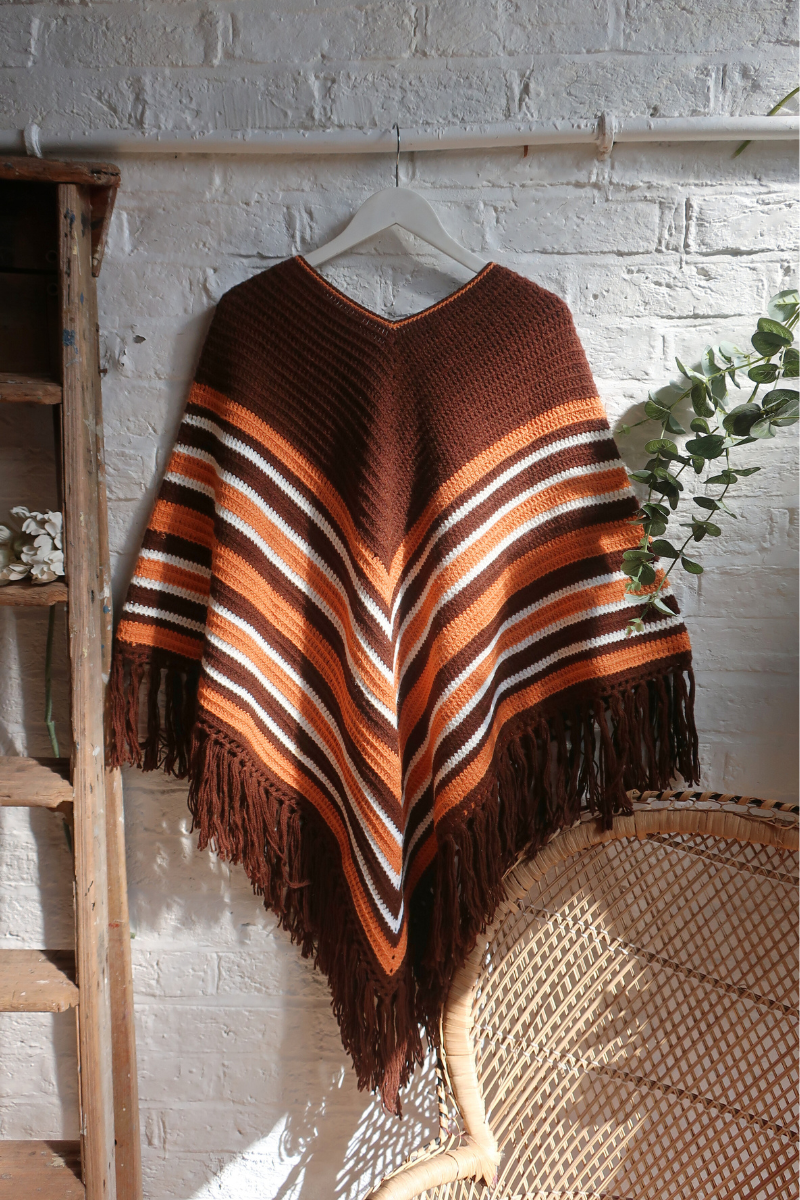 Vintage Knit Poncho - Warm Brown - Free Size