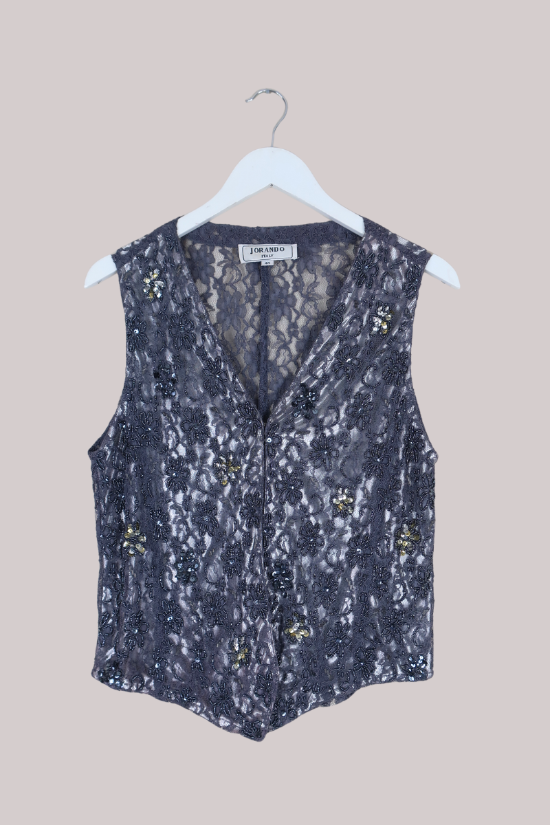 Vintage Waistcoat - Slate Grey Lace - Size L/XL